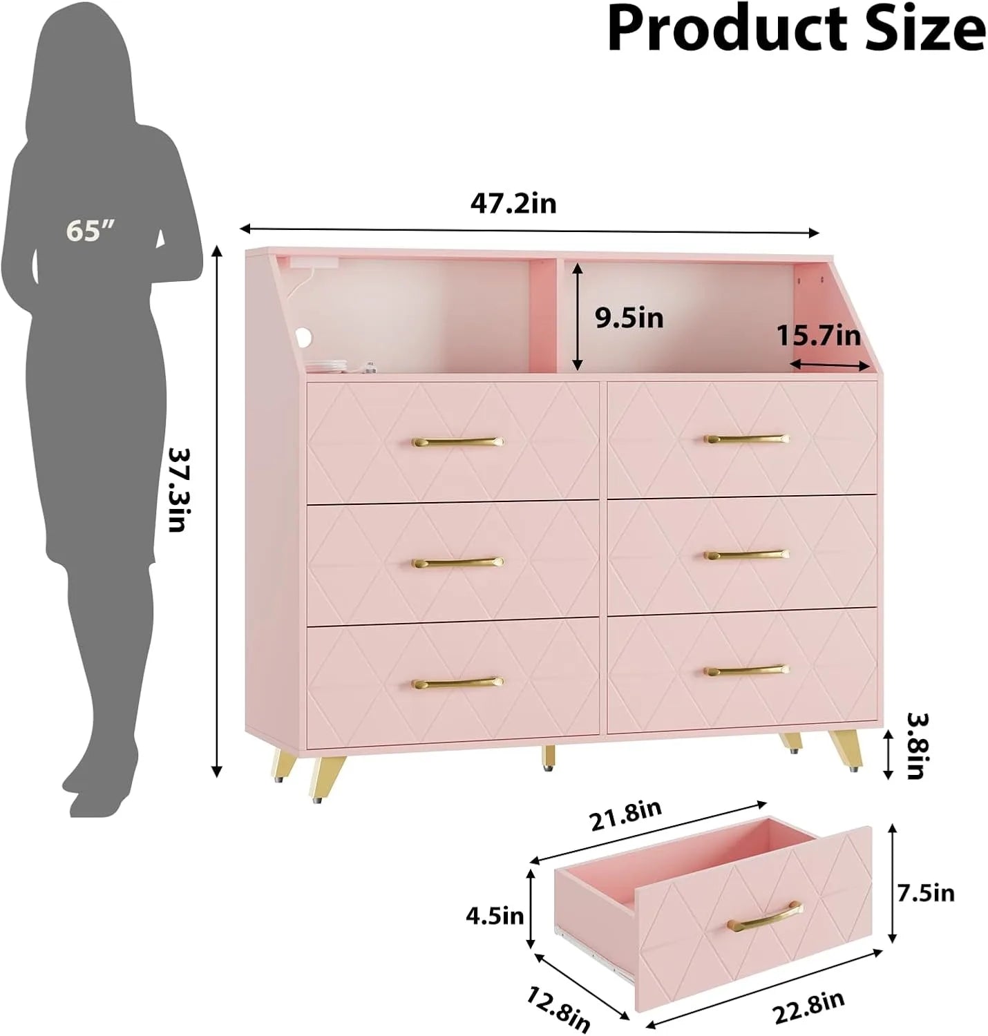 Modern Six Drawer Dresser With LED Lights And Charging Station