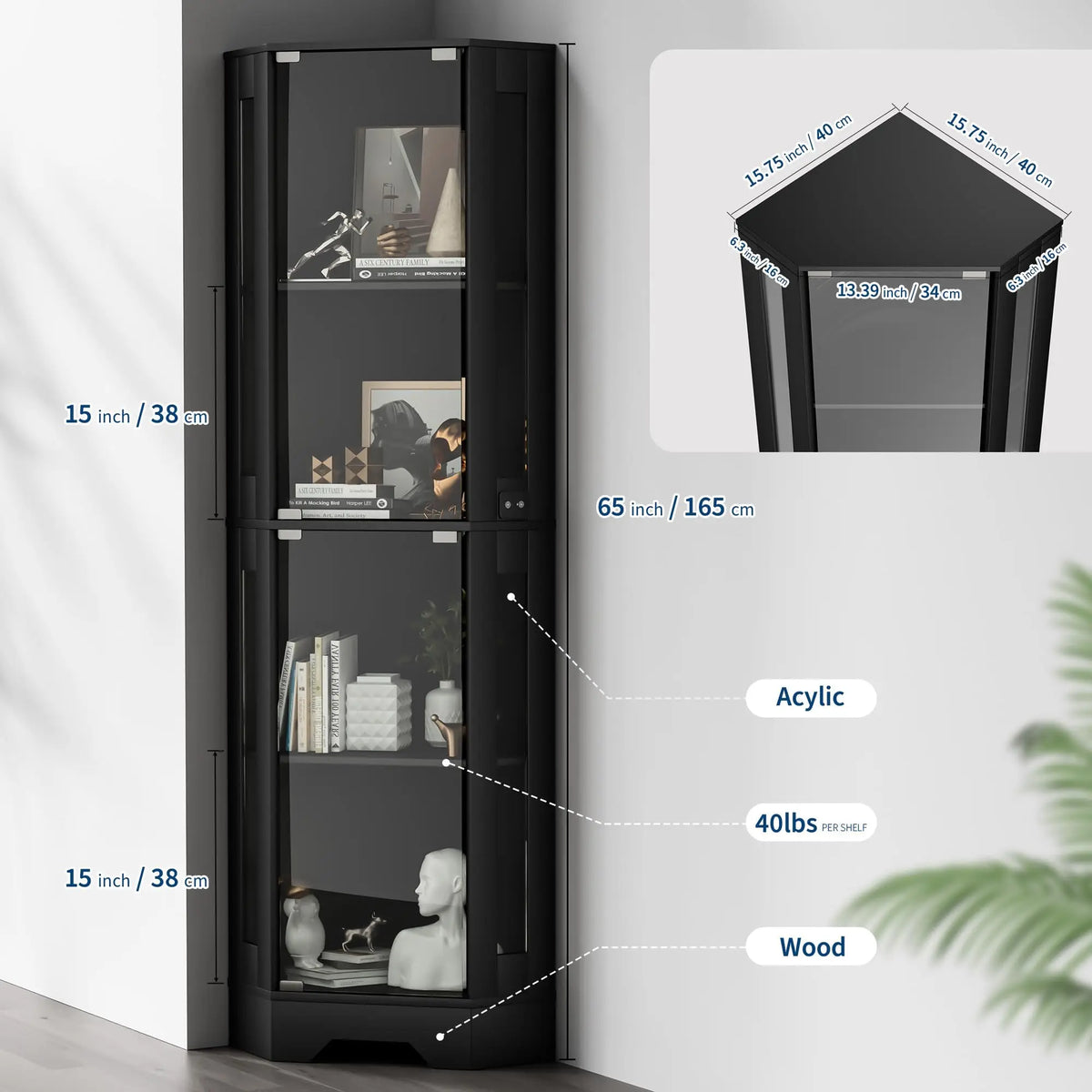 HiMISS Modern Glass Corner Display Cabinet With Lighted Shelves