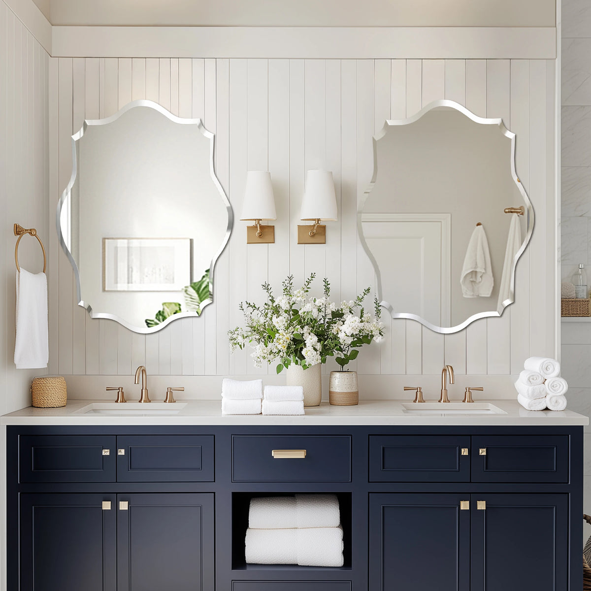 Wisfor Scalloped Frameless Beveled Wall Mirror For Bathroom Living Room