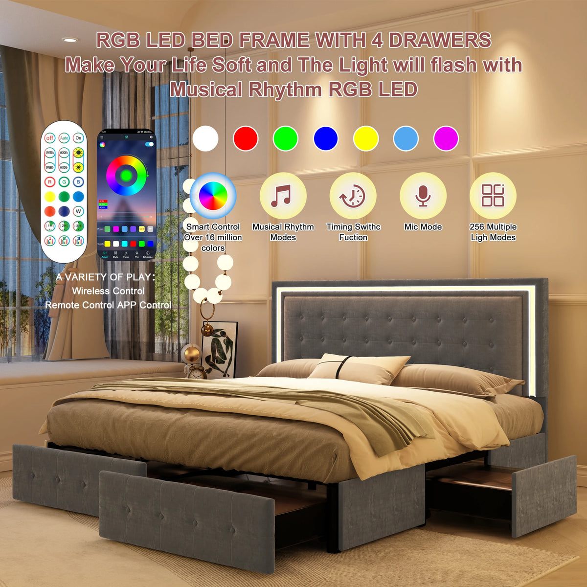 GEGOFORU Bed Frame With 4 Storage Drawers And LED Headboard