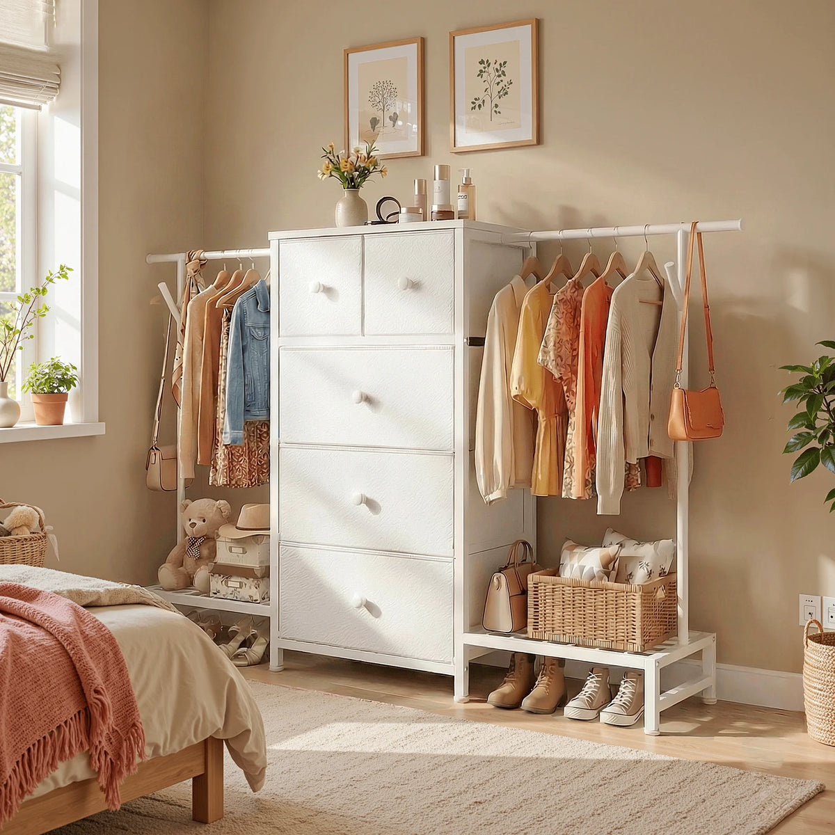 EnHomee Three In One Dresser Hanging Rack With Shoe Storage