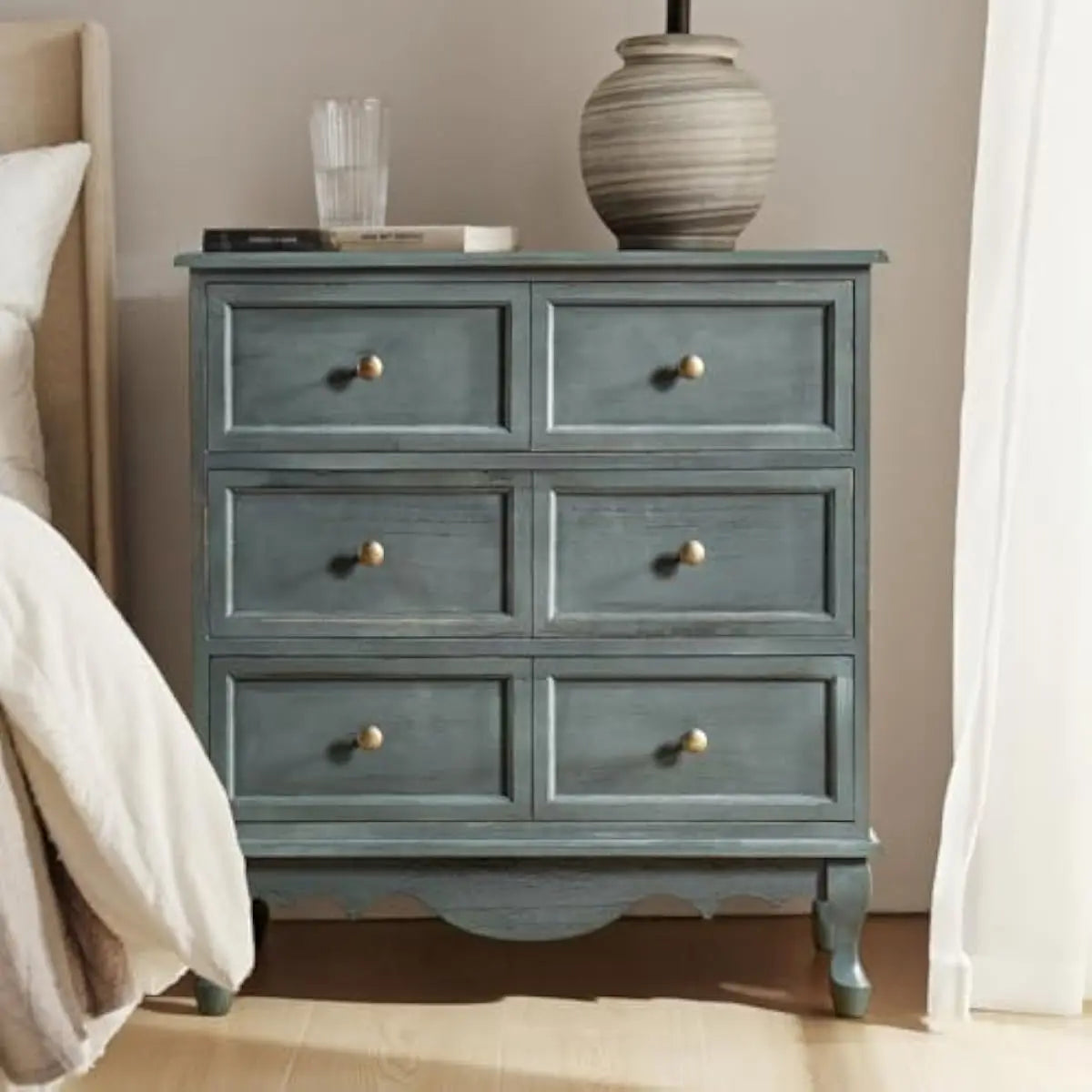 Solid Wood Nightstand With USB Hub Three Drawers Rustic Farmhouse