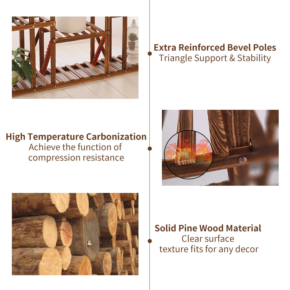 11 Tier Carbonized Wood Plant Stand Display Shelf Indoor Garden