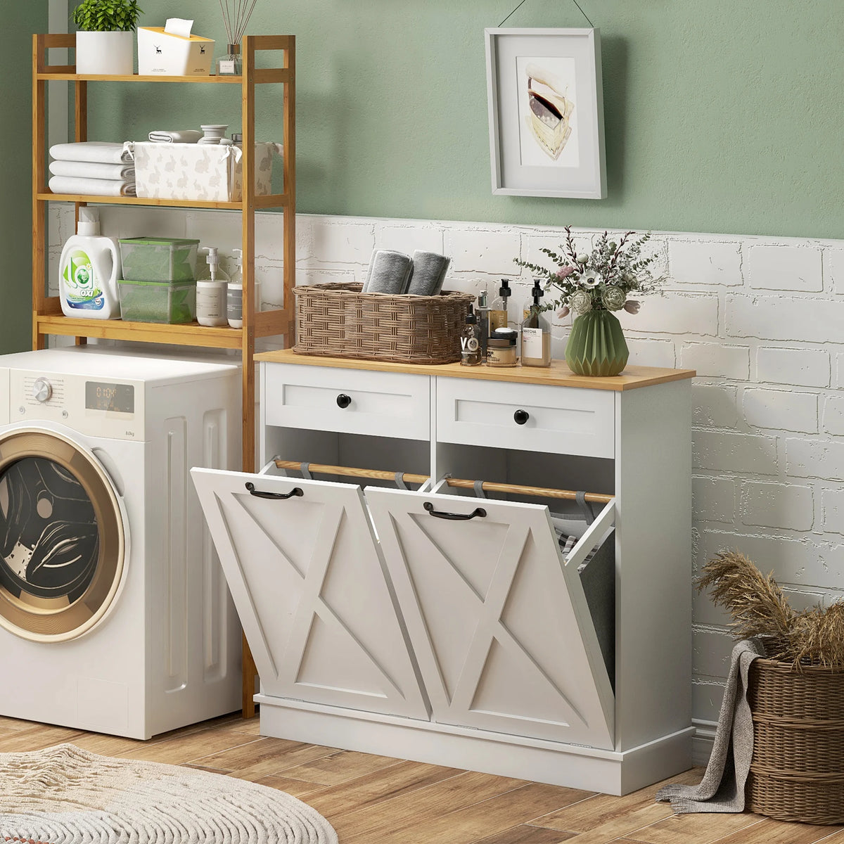 HOMCOM Double Tilt Out Laundry Hamper Cabinet With Drawers