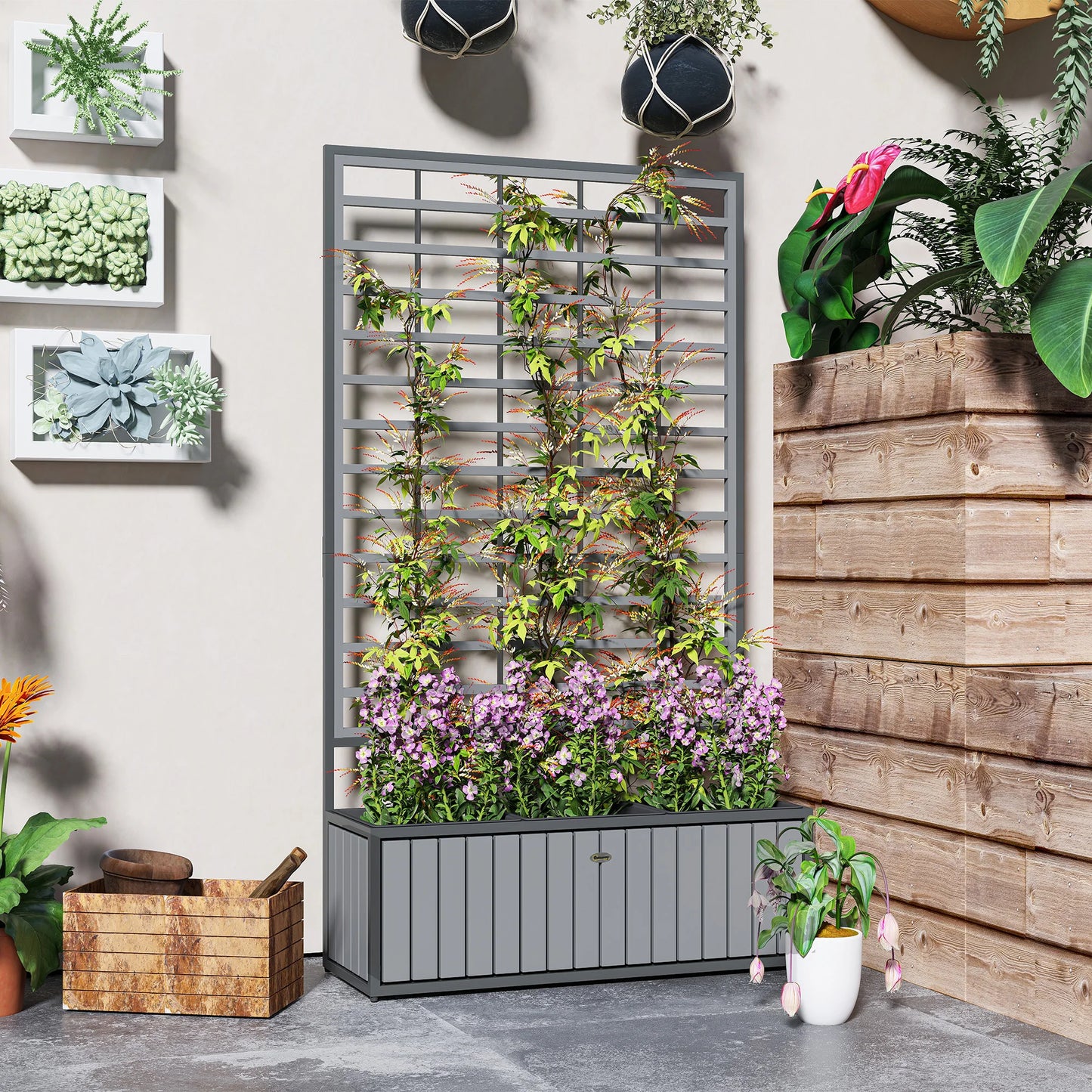 Outsunny Wooden Raised Garden Bed With Trellis And Removable Pots