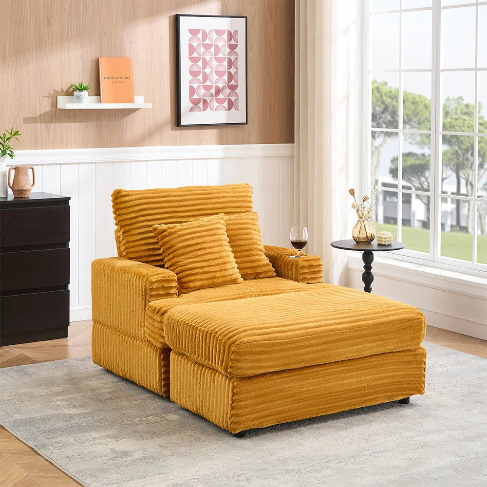 Modern Corduroy Single Sofa Chair With Footrests And Cup Holder