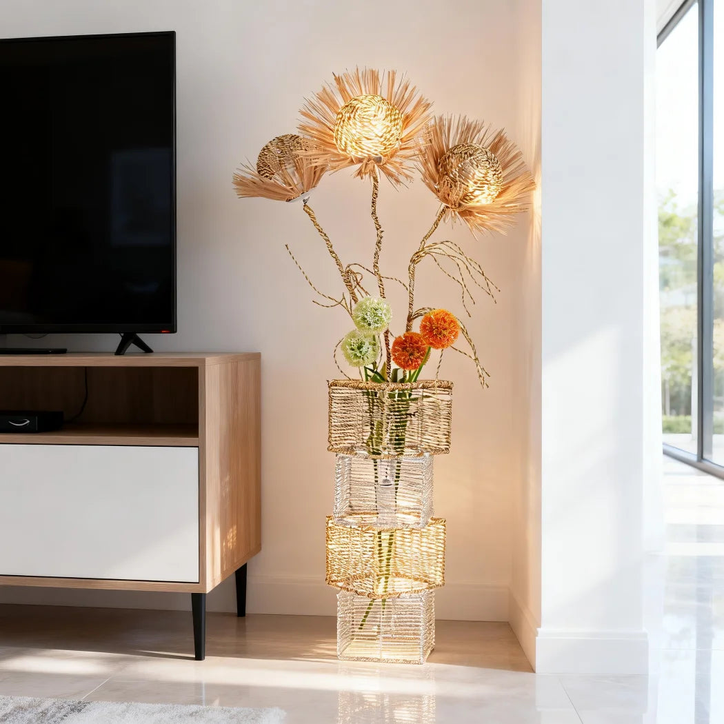 Modern Rattan Standing Floor Lamp With Dimmable Led Indoor Lighting