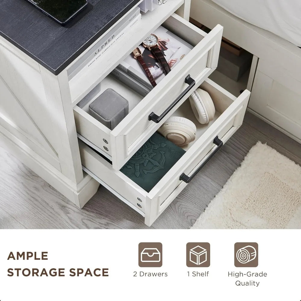 Farmhouse Nightstands Set of 2 With Drawers and Charging Station