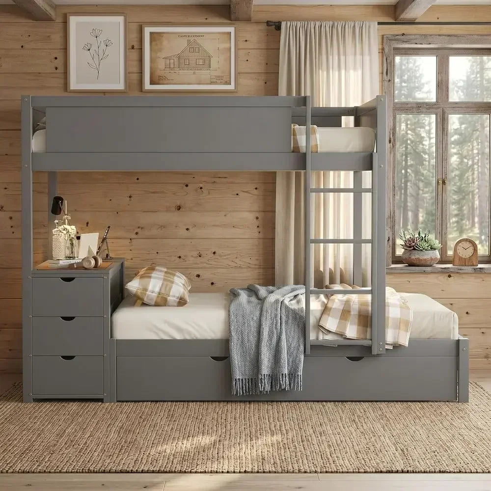 Wood Bunk Bed With Trundle, USB Ports, Storage And Desk