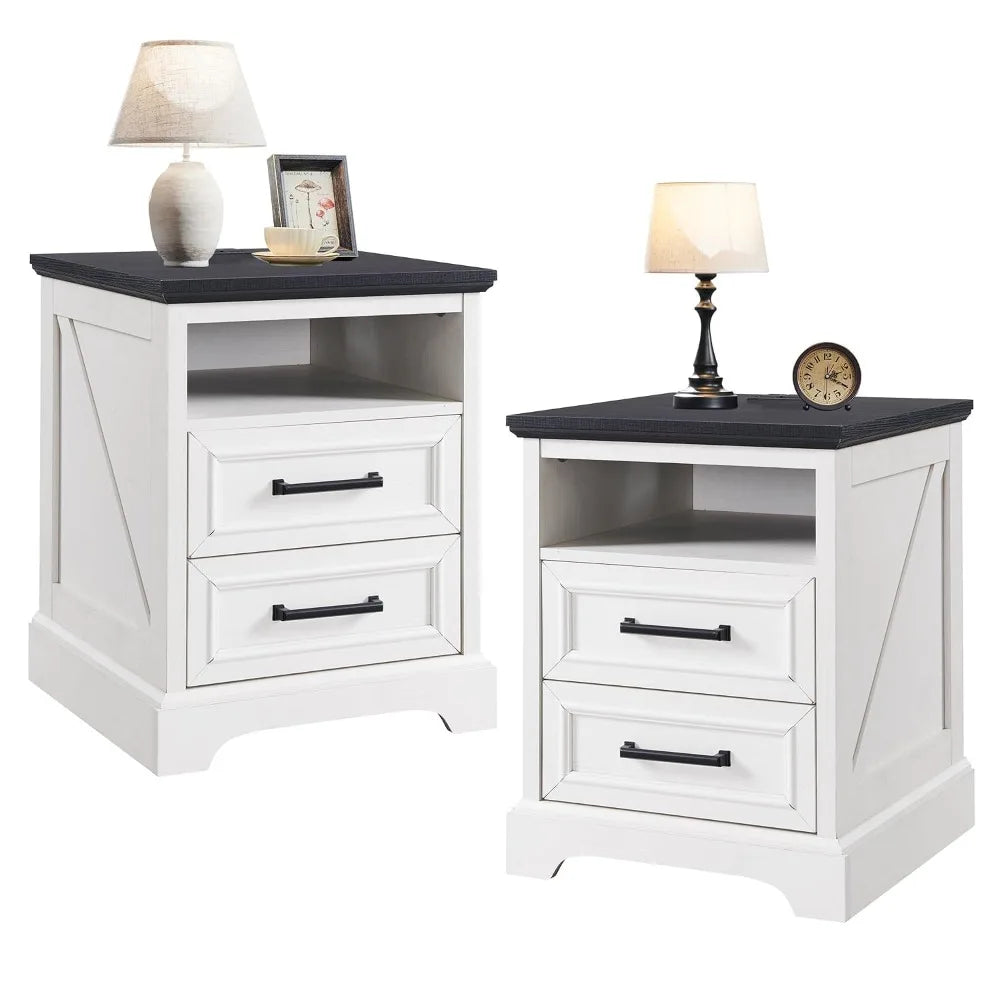 Farmhouse Nightstands Set of 2 With Drawers and Charging Station