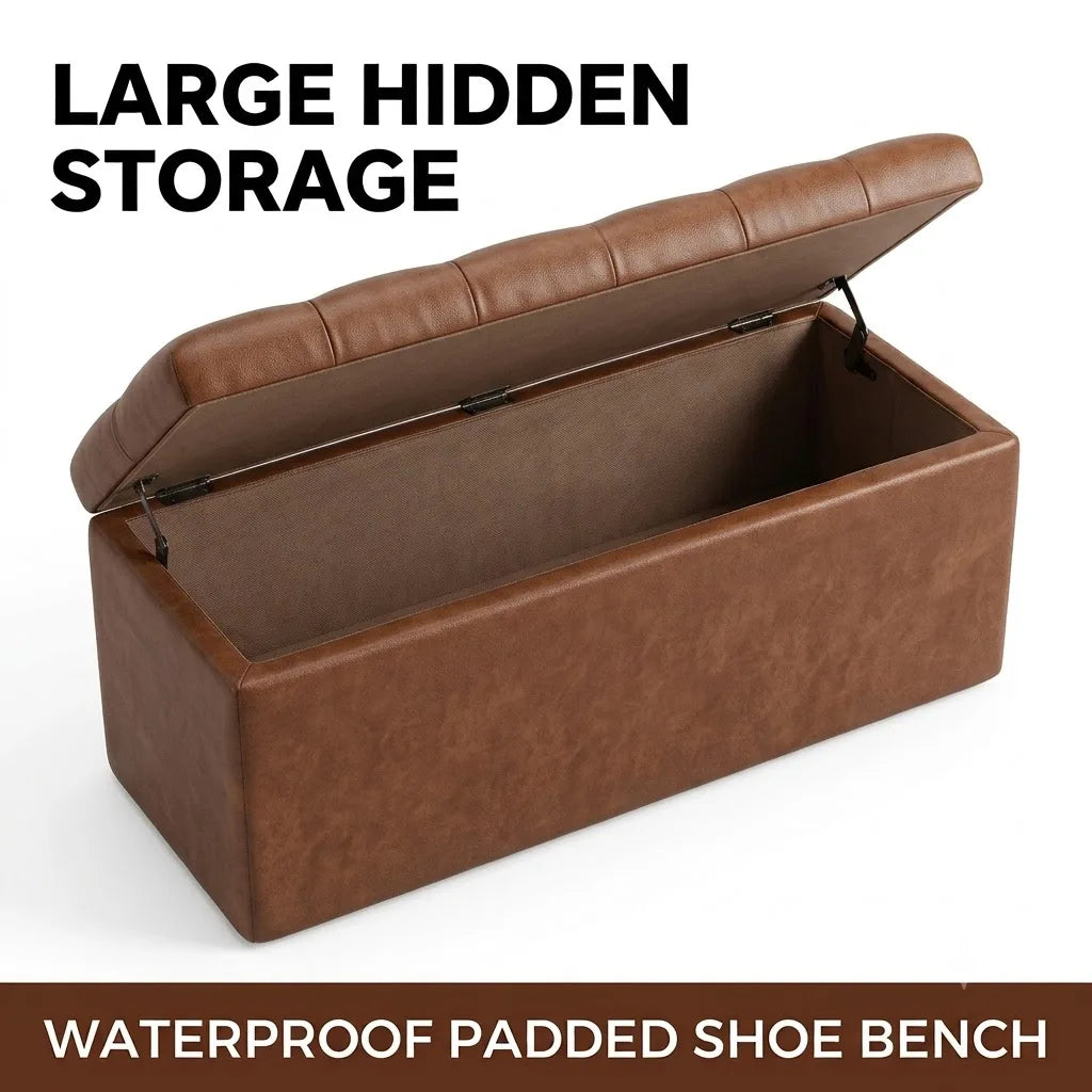Tufted Leather Storage Ottoman Bench With Flip Top Hidden Compartment
