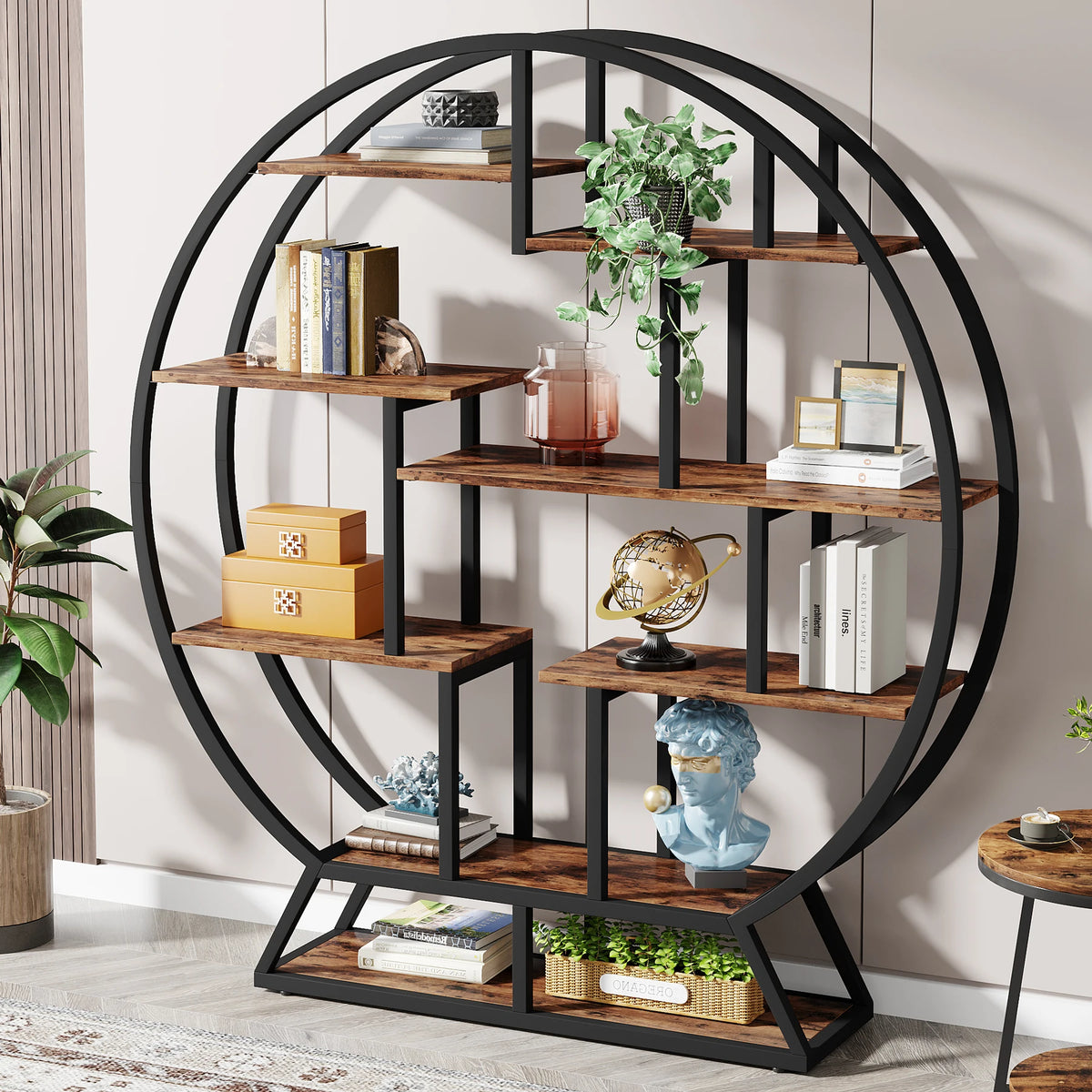 Tribesigns Industrial Round Bookshelf With Staggered Shelves And Metal Frame