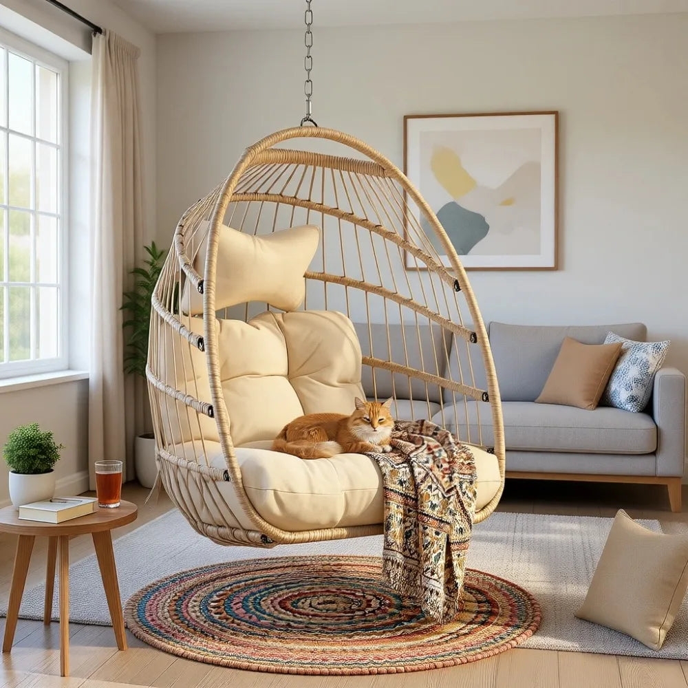 Outdoor Wicker Swing Egg Chair With Comfortable Seat Cushion