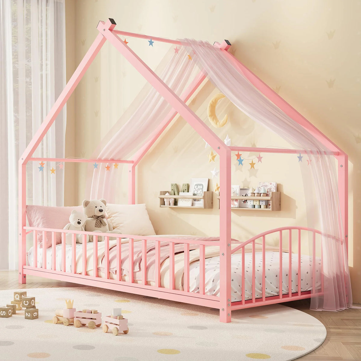 HiMISS Montessori House Bed Frame With Safety Rails For Kids