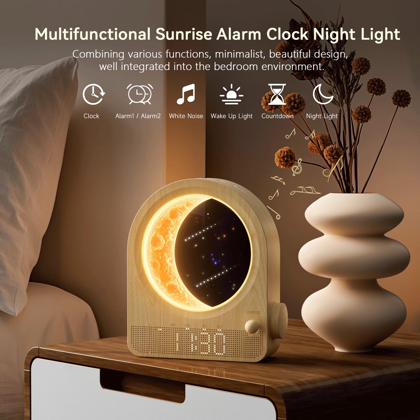 Blonbar Sunrise Alarm Clock With Dimmable Moon Lamp Natural Sound Timer