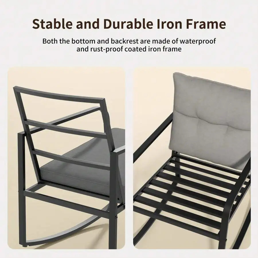 Three Piece Outdoor Rocking Bistro Set With Glass Coffee Table