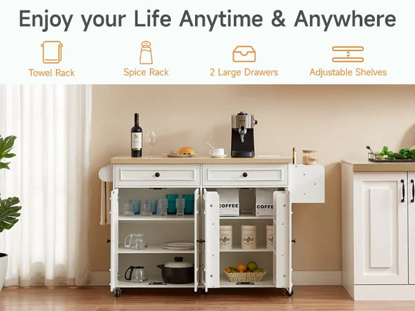 Rolling Wooden Kitchen Island Cart Featuring Drop Leaf Design