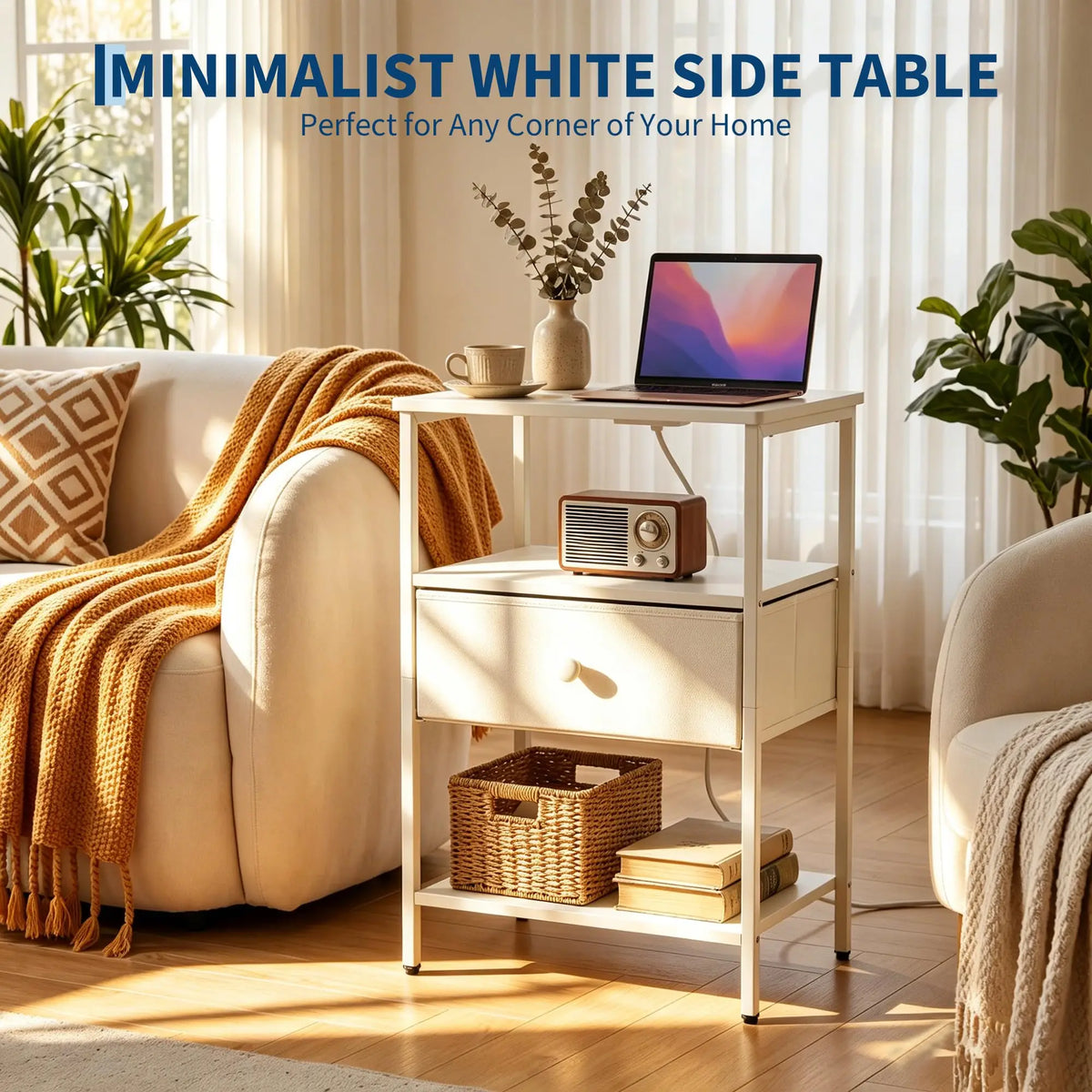 HiMISS Modern Nightstand With Charging Station And Fabric Drawer