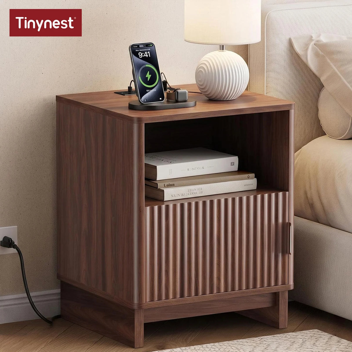 TinyNest Fluted Nightstand with Charging Station and Storage Drawers