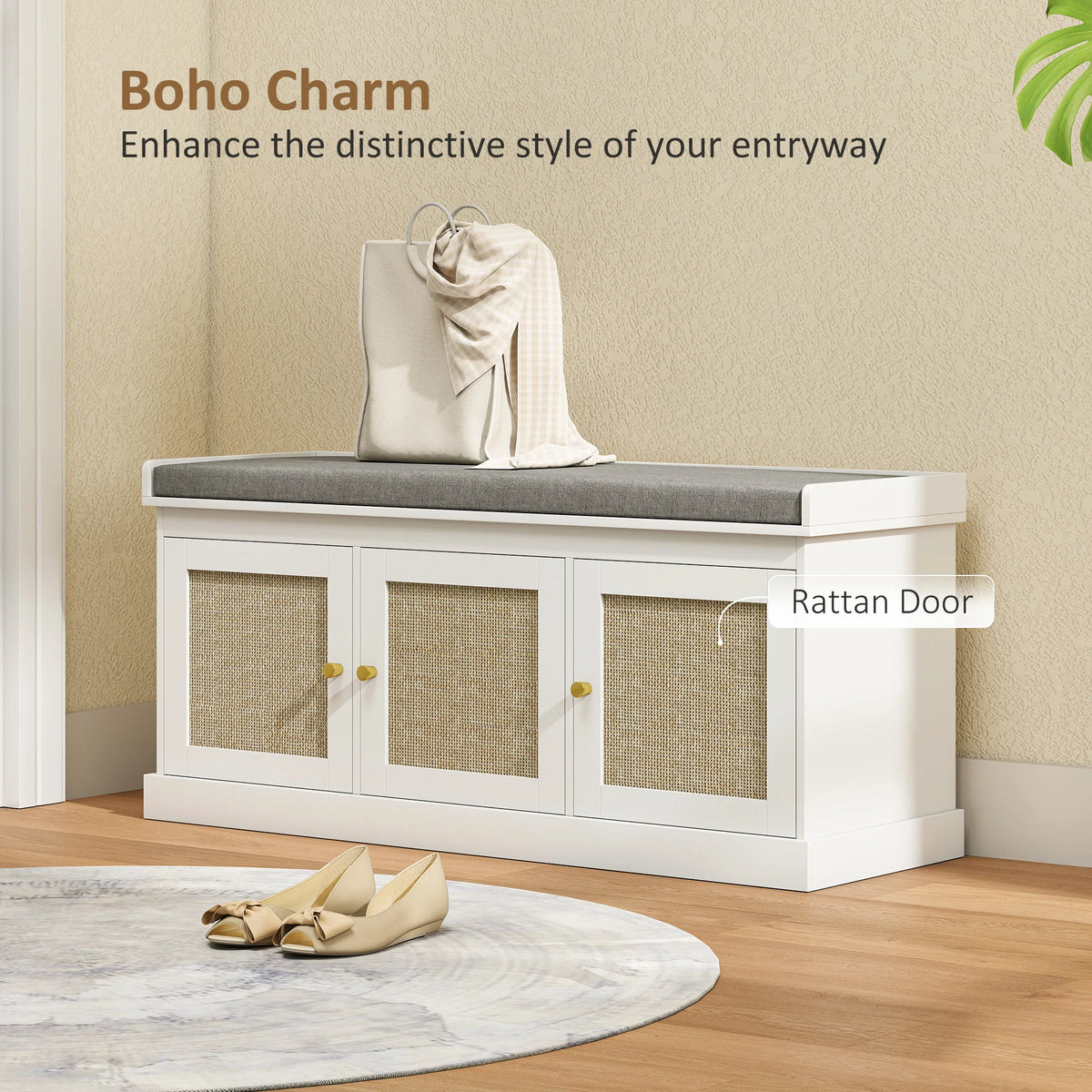 Boho Style Shoe Storage Bench with Woven Rattan Doors Cushion