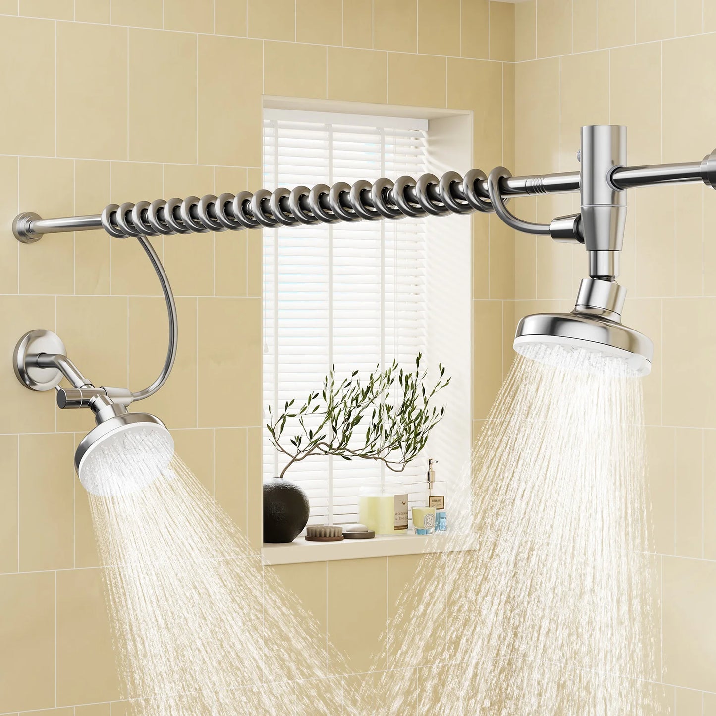 Stainless Steel Dual Shower Head For Two With Adjustable Slider