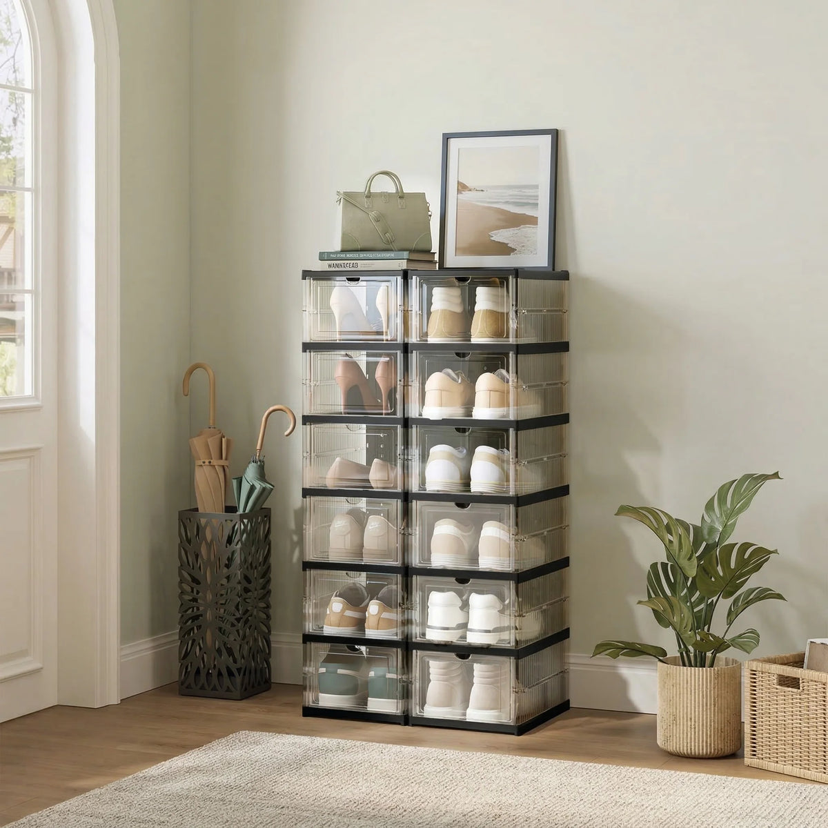 Foldable Transparent Shoe Box With Stackable Plastic Closet Organizer