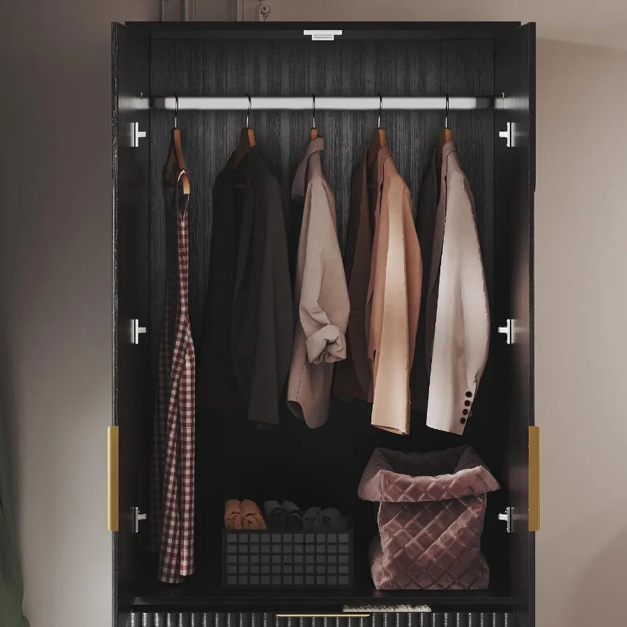 Wooden Wardrobe Armoire With Doors Drawers And Hanging Rod Storage