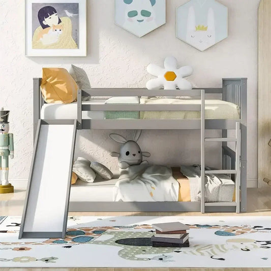 Solid Wood Bunk Bed With Slide And Safety Guard Rails for Kids