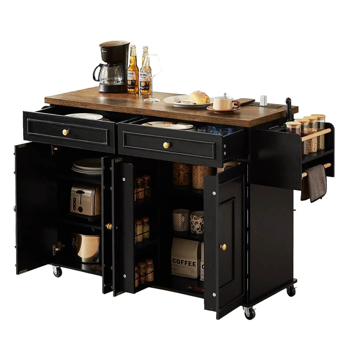 Rolling Wooden Kitchen Island Cart Featuring Drop Leaf Design