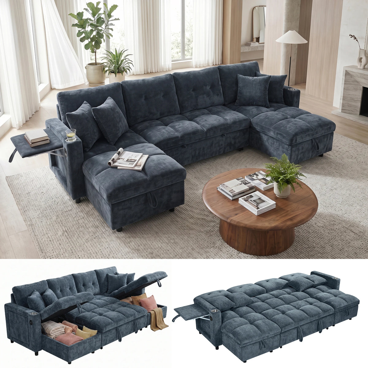 Convertible U Shaped Sleeper Sofa With Storage And Charging Station