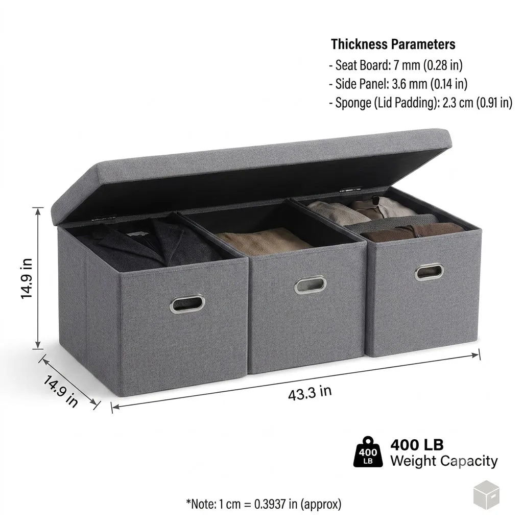 Three Drawer Foldable Linen Storage Ottoman Bench With Tufted Seat