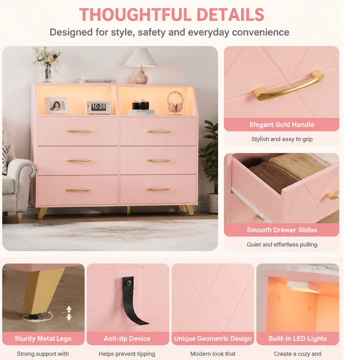 Modern Six Drawer Dresser With LED Lights And Charging Station