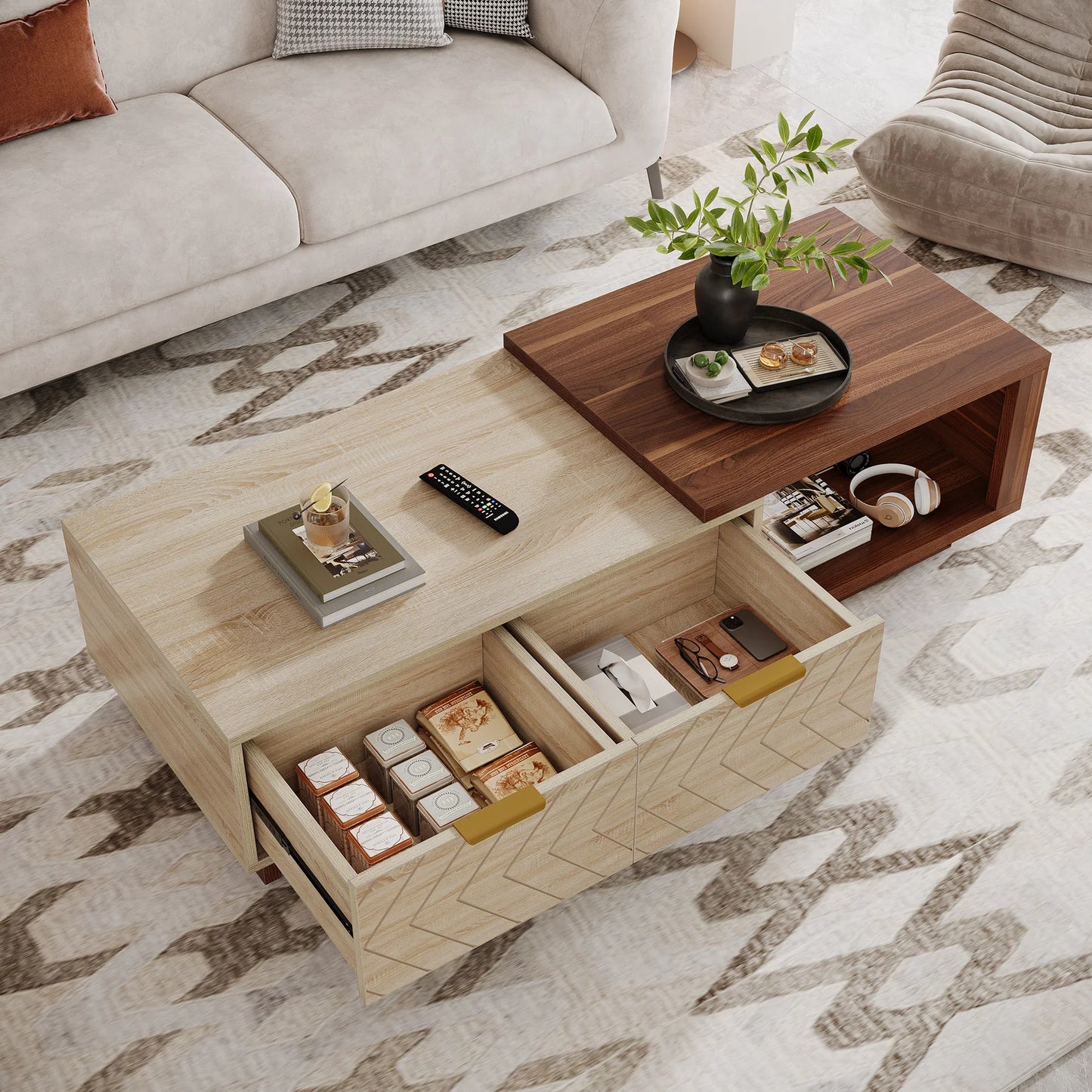 Tribesigns Extendable Wood Coffee Table With Two Storage Drawers