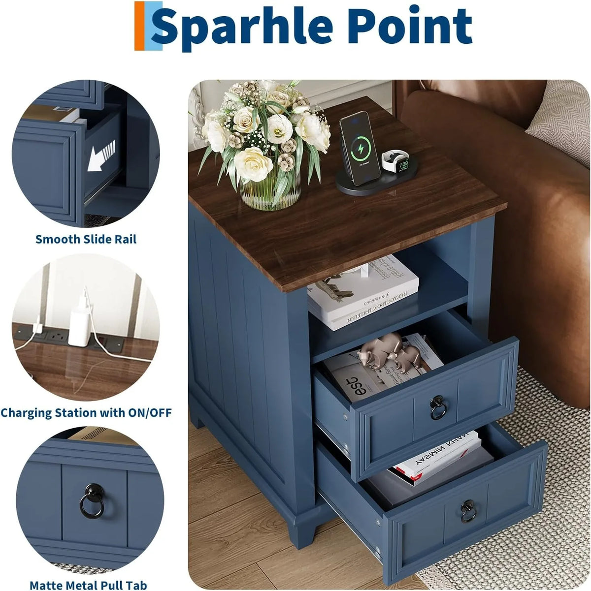 Modern Fluted Wood Nightstand With Usb Charger And Storage