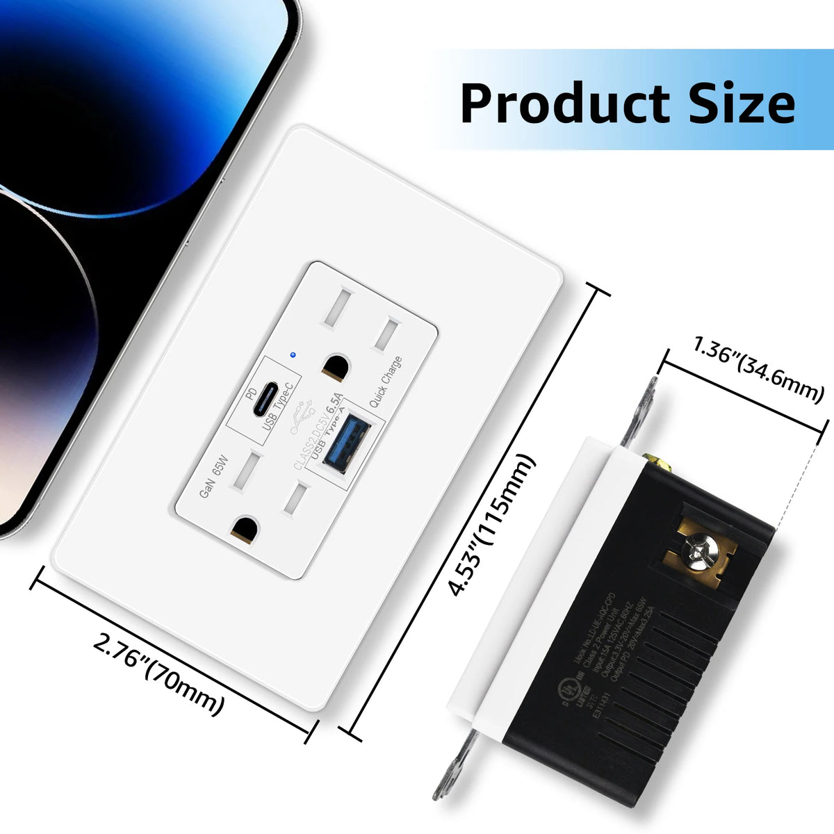 65W GaN Dual USB Wall Outlet USB C Fast Charging