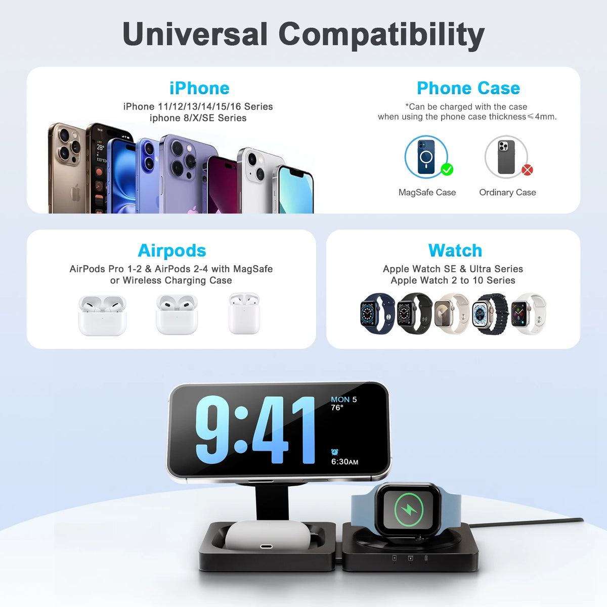Magnetic Wireless 3in1 Folding Fast Charger For iPhones And Watches