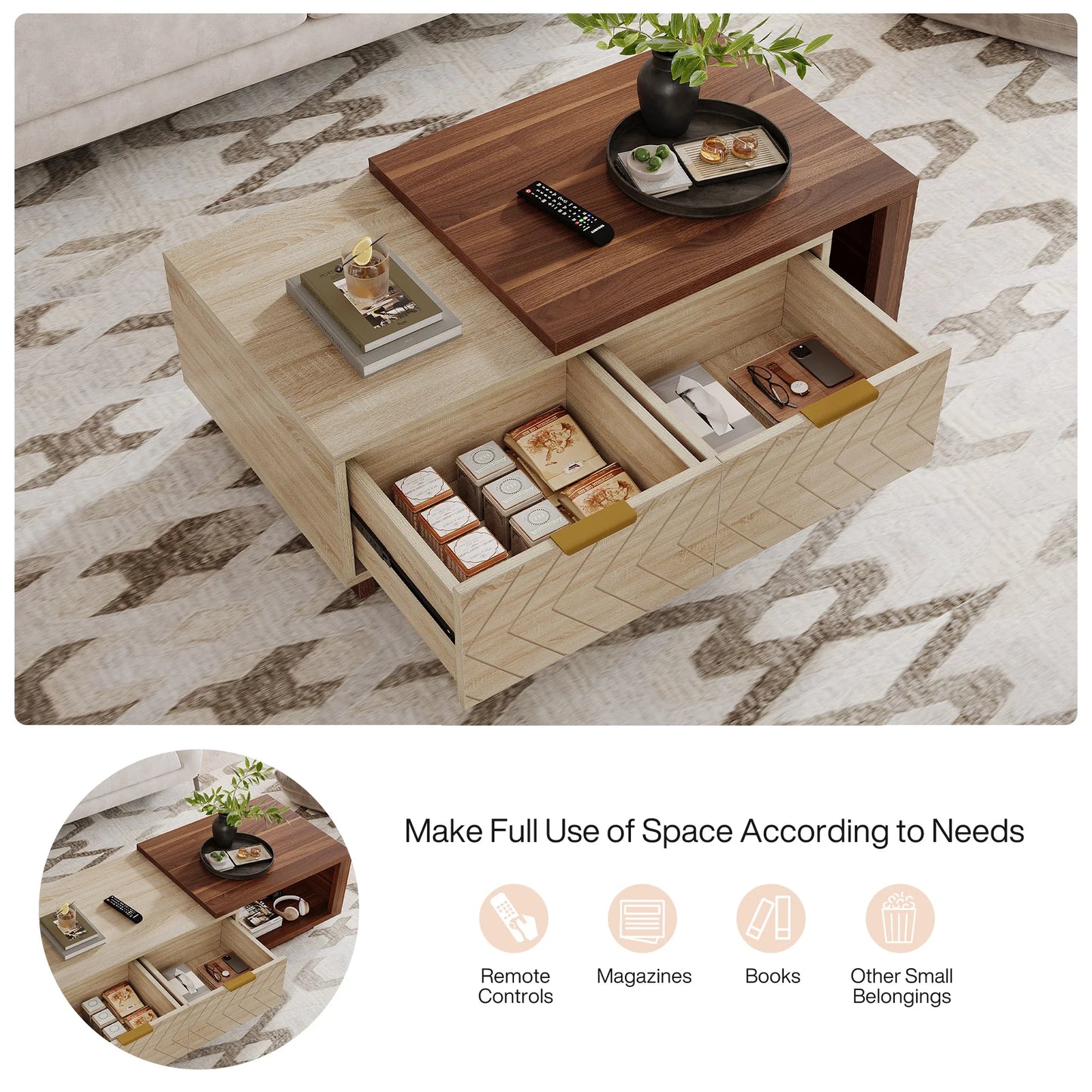 Tribesigns Extendable Wood Coffee Table With Two Storage Drawers