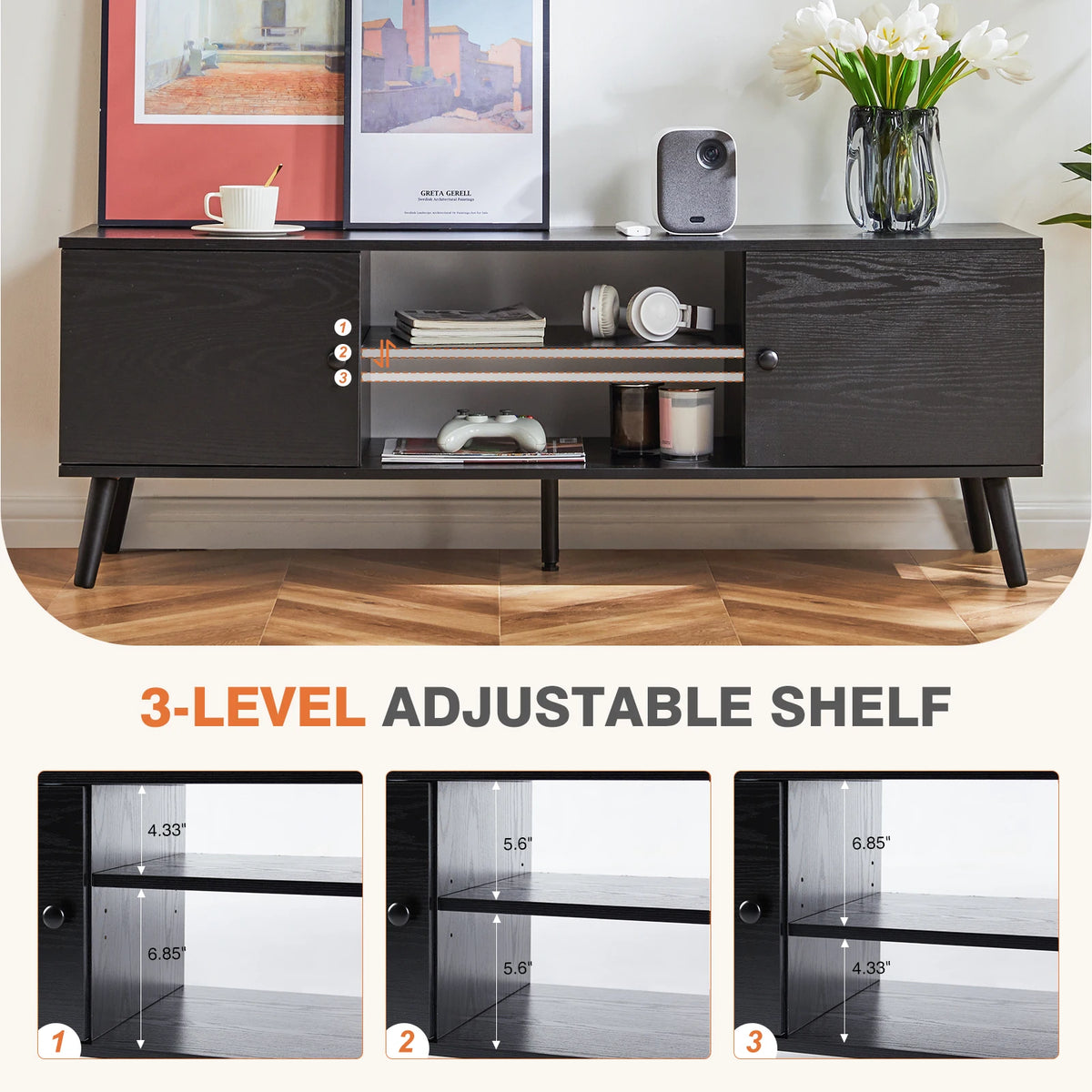 JHK Modern Wooden Fireplace TV Stand With Adjustable Shelves