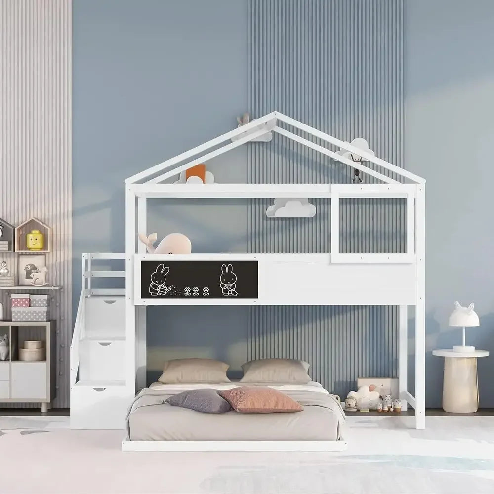 Pine Wood House Shaped Bunk Bed With Secure Safety Rails