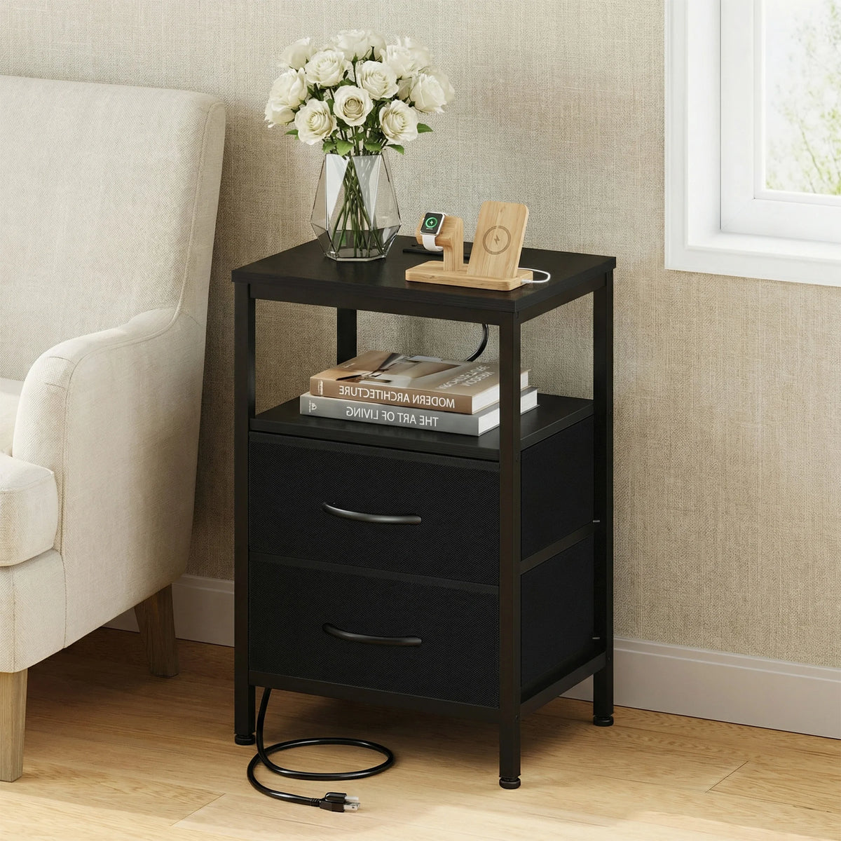 JHK Modern Nightstand With Fabric Drawers And USB Port