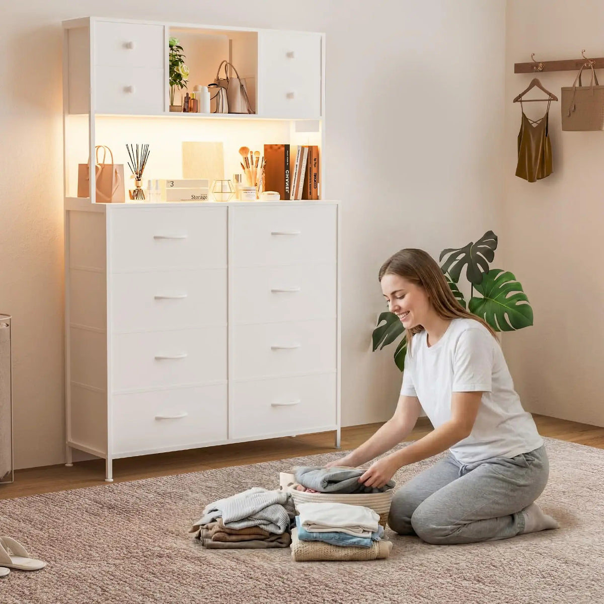 Drawer Dresser With Charging Station And LED Light For Bedroom