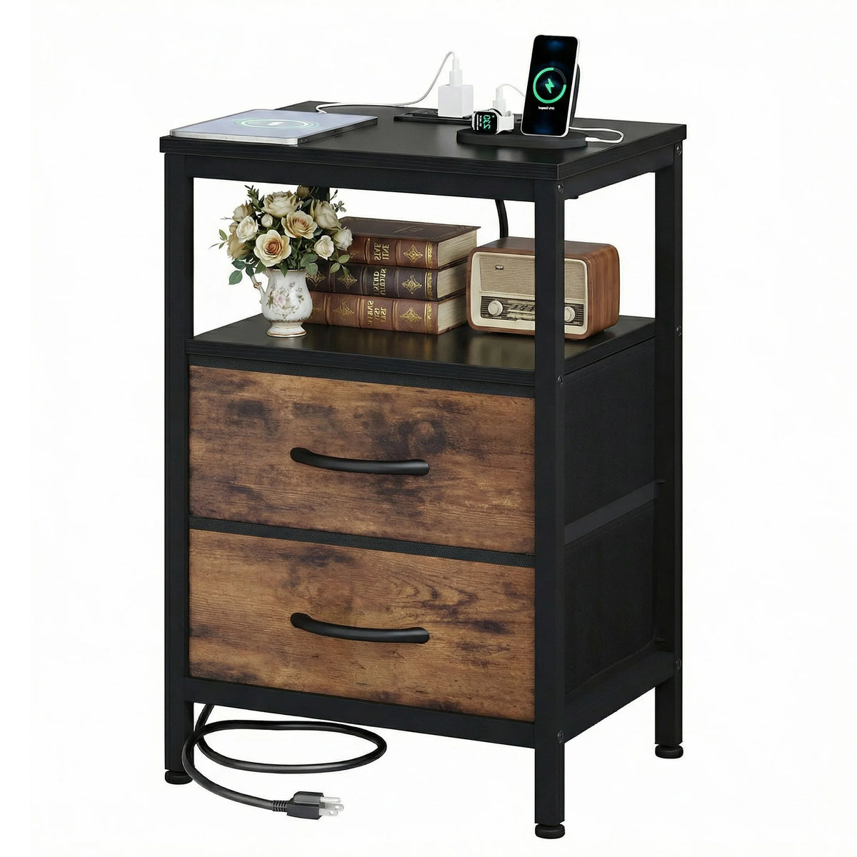 JHK Modern Nightstand With Fabric Drawers And USB Port