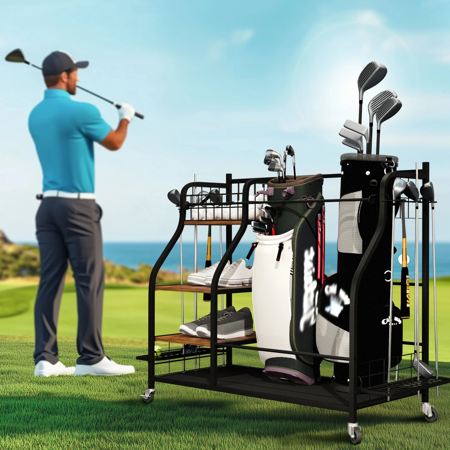 Multi Tier Rolling Golf Bag Storage Rack For Sports Equipment