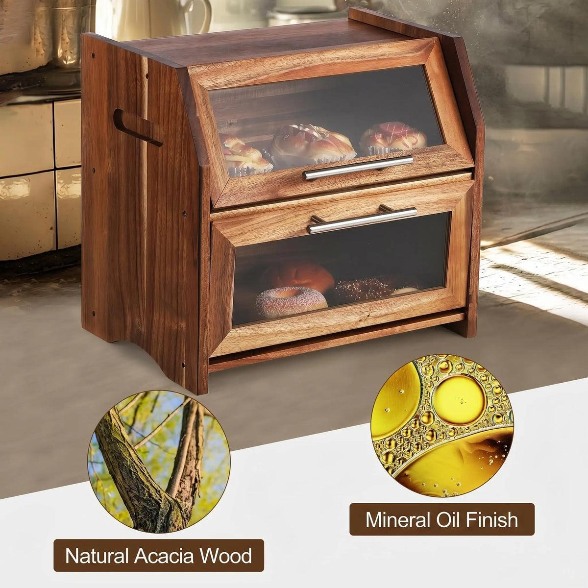 HiMISS Double Layer Acacia Wood Bread Box With Ventilated Storage