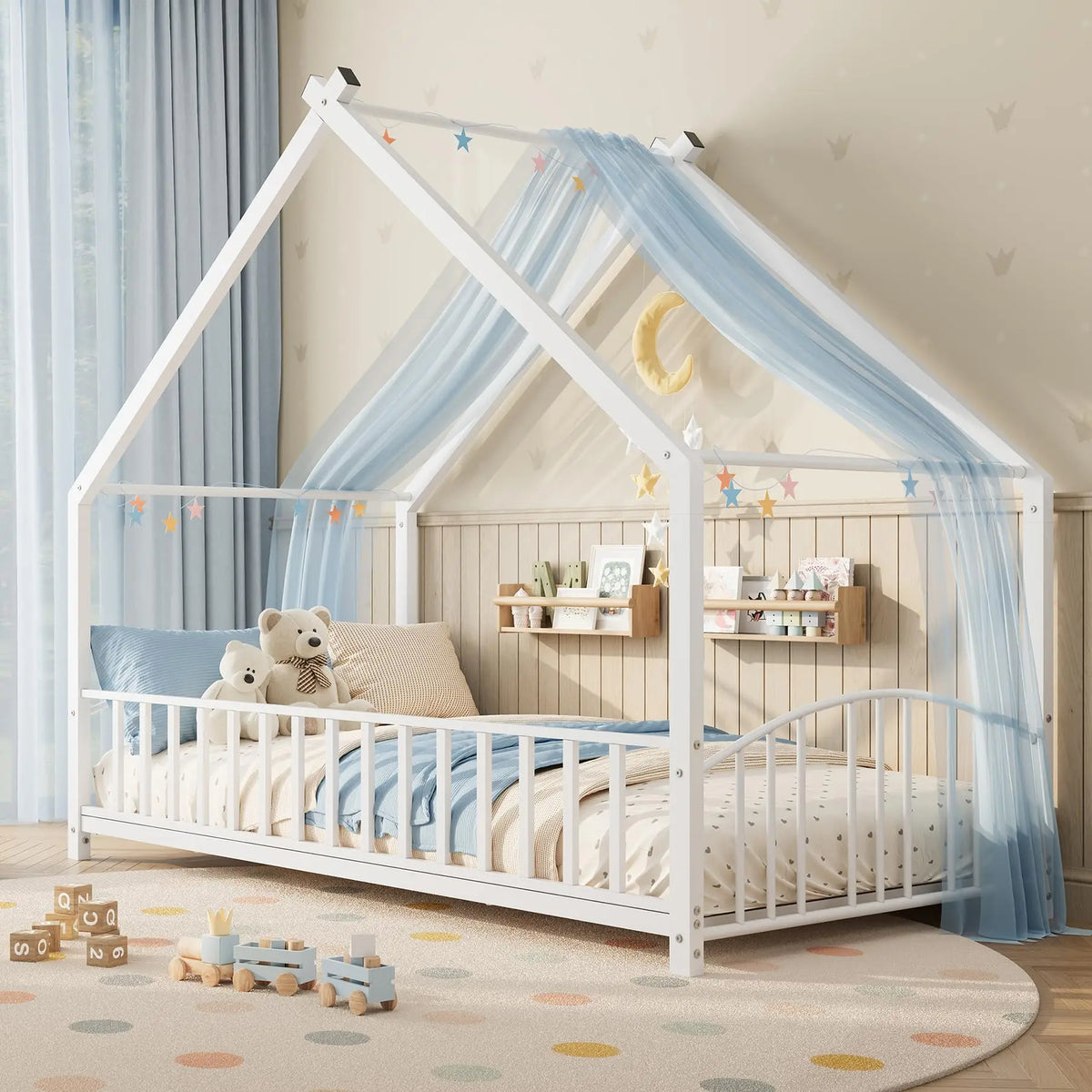 HiMISS Montessori House Bed Frame With Safety Rails For Kids