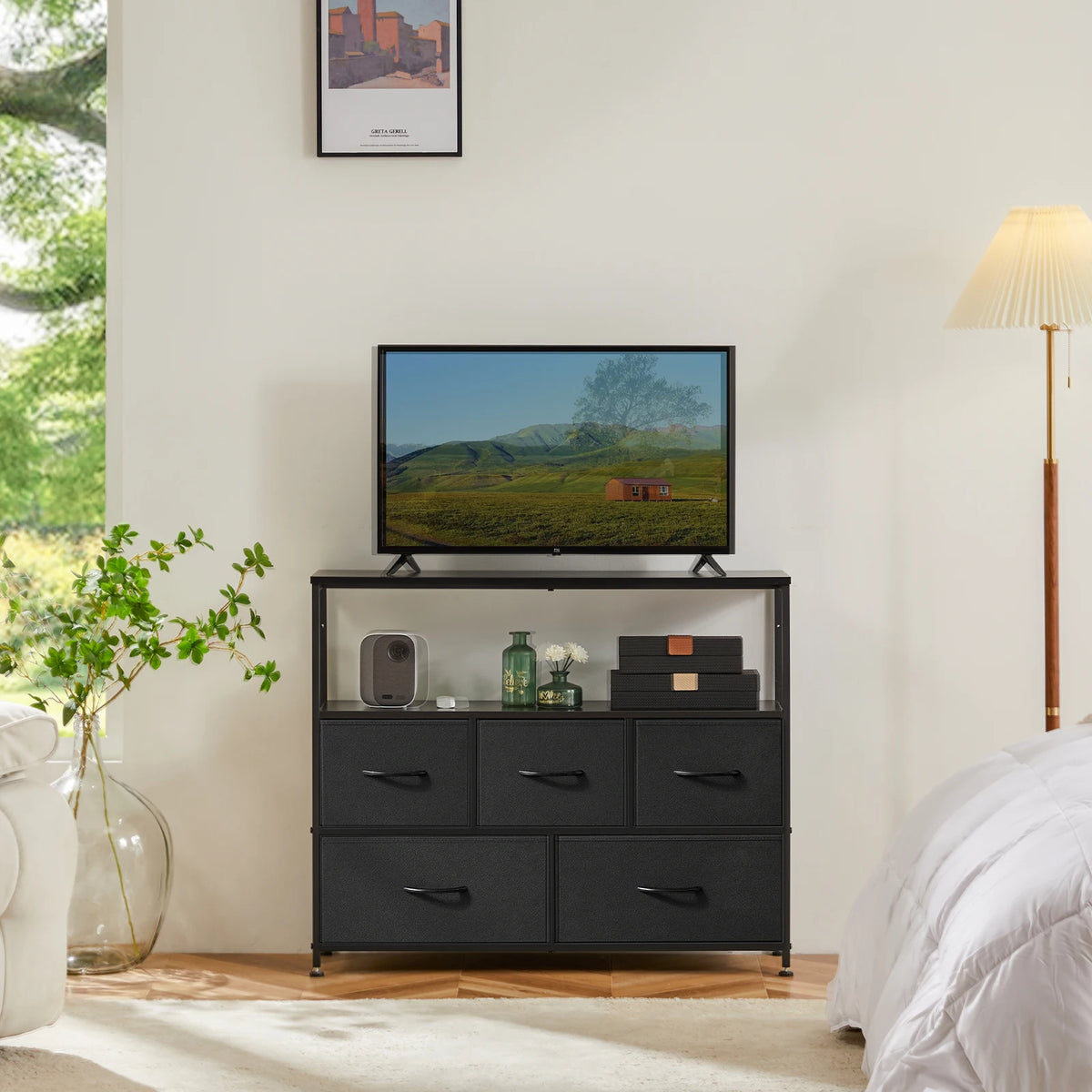 MCQ TV Stand With Fabric Drawers And Open Media Shelf