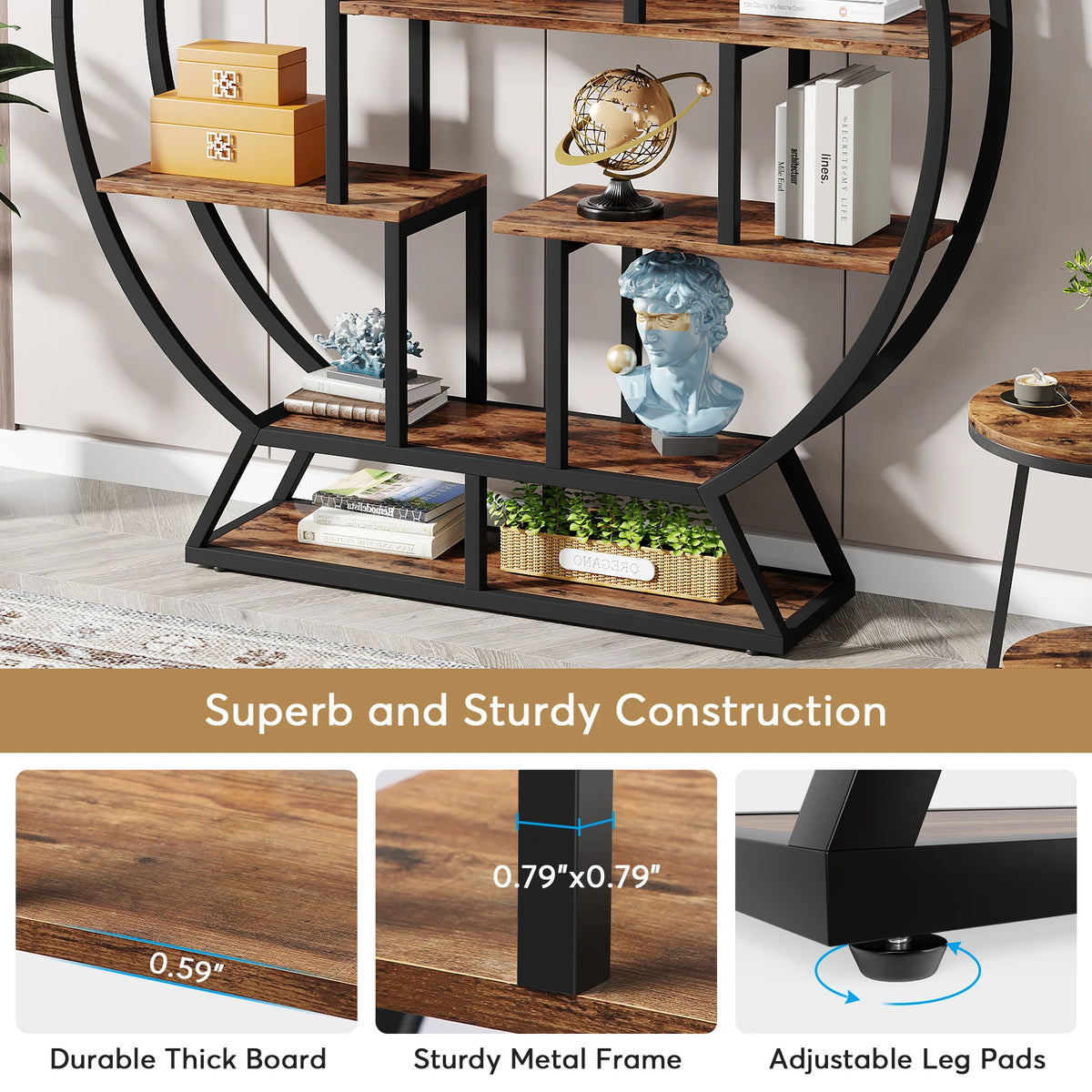 Tribesigns Industrial Round Bookshelf With Staggered Shelves And Metal Frame