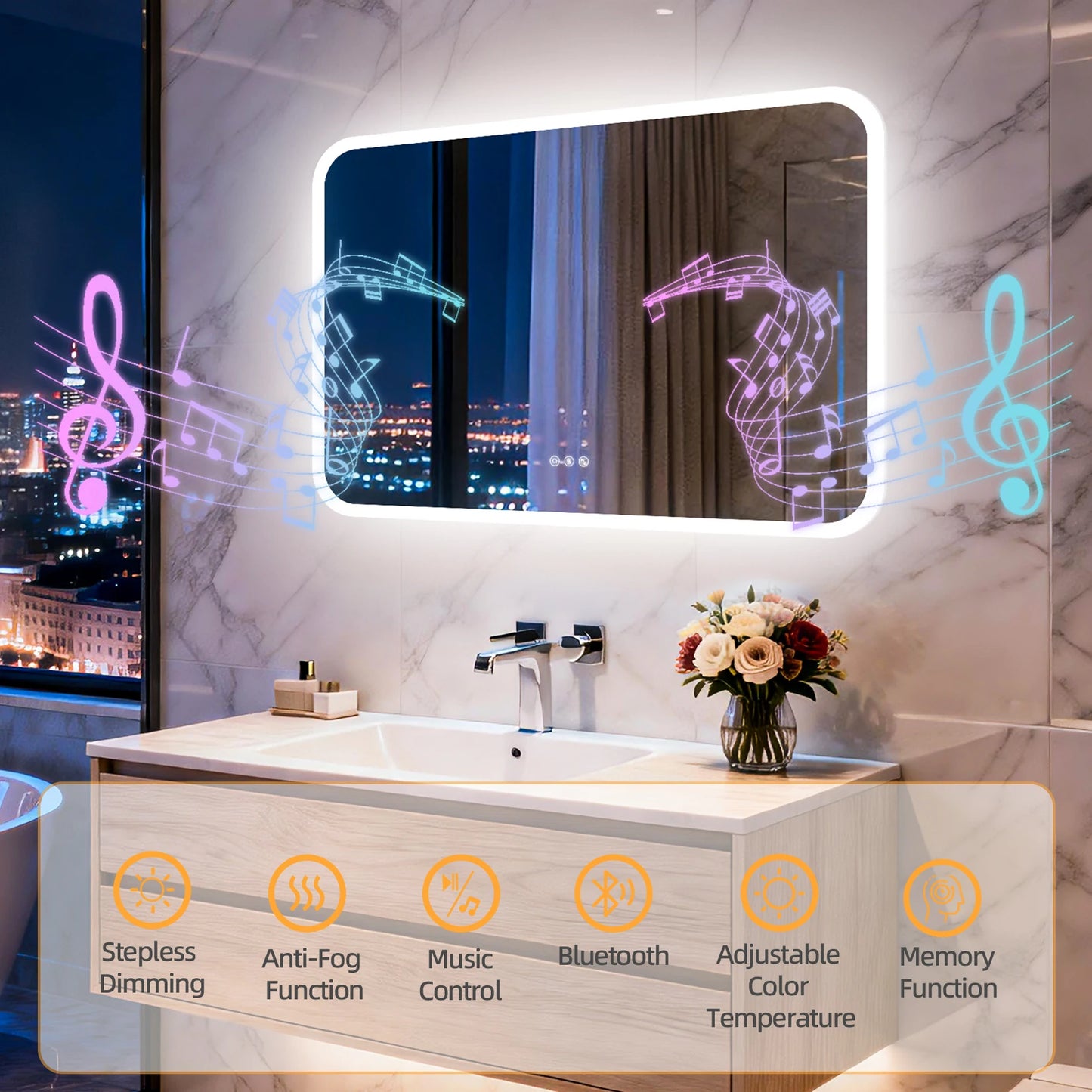 Smart LED Bathroom Mirror With Bluetooth Speakers And Dimmable Lighting