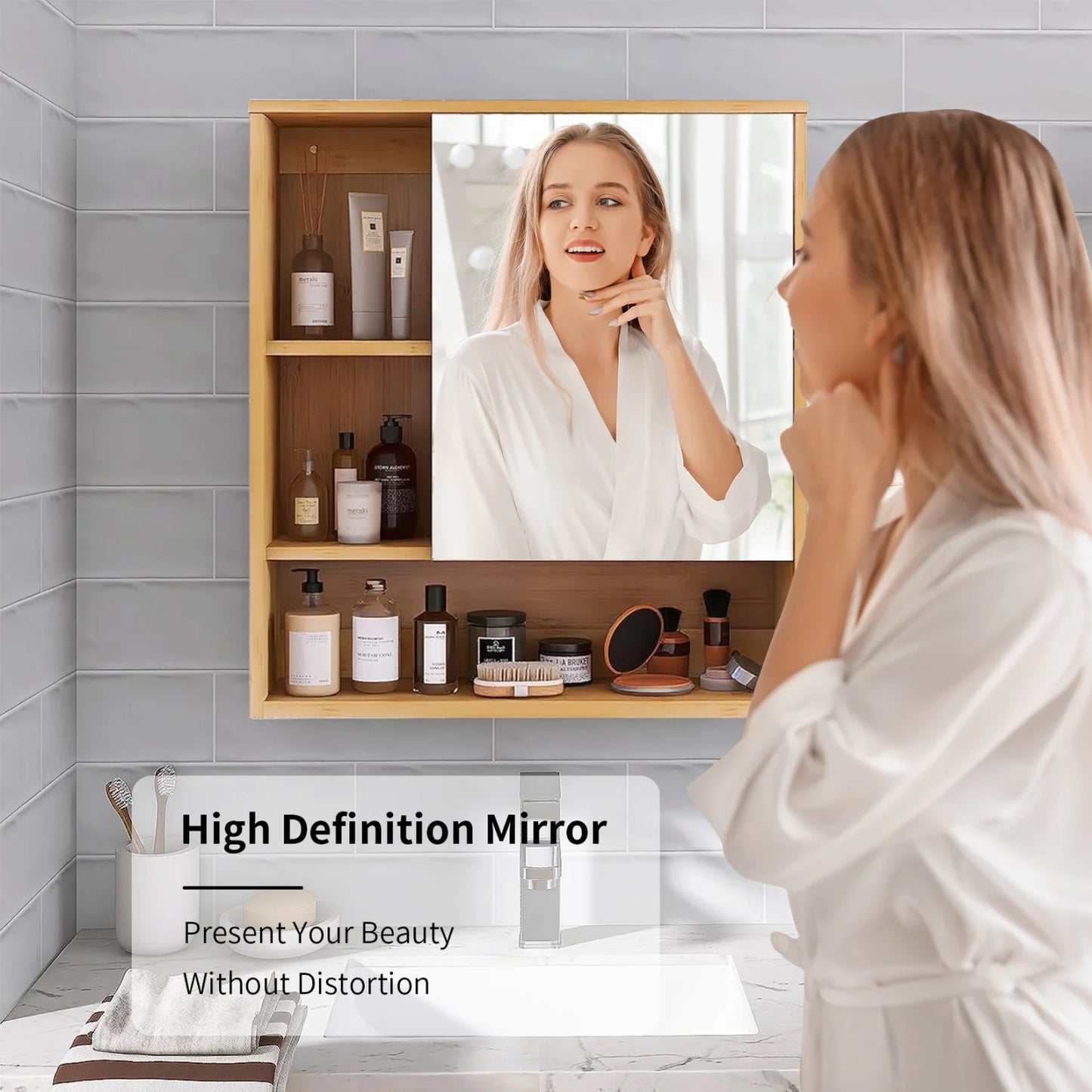 Modern Bamboo Wall Mounted Vanity Cabinet With Adjustable Shelf And Mirror
