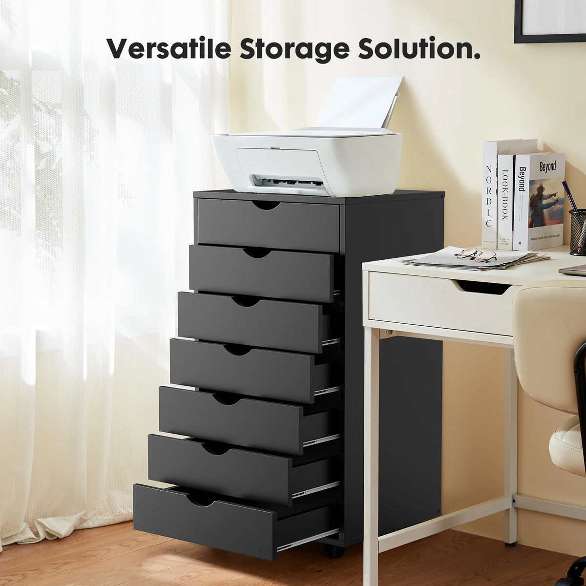 JHK Wooden Drawer Storage Cabinet With Rolling Wheels For Bedroom